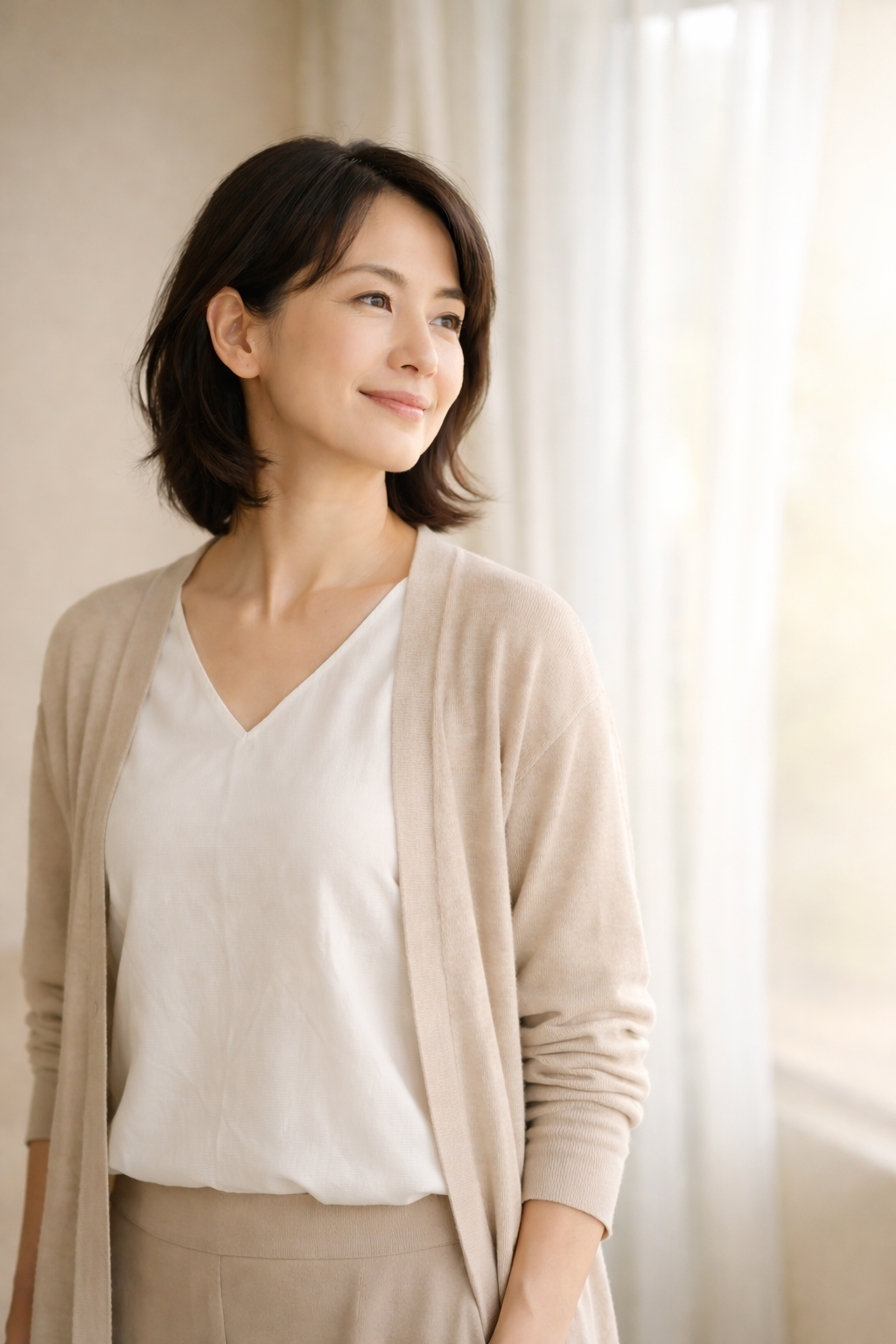 穏やかな光の中で前を見つめる女性のイメージ